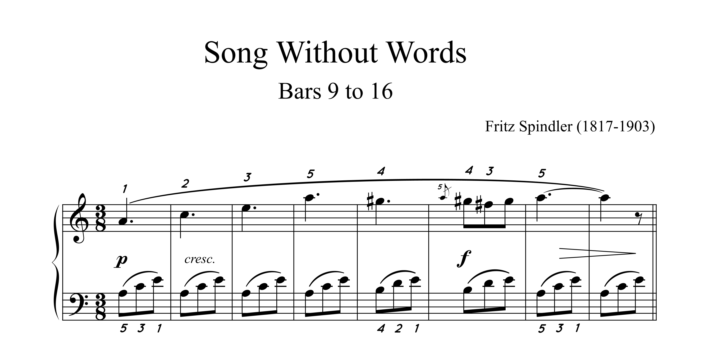 Optimised piano fingering solution by Giselle Anna Cairns for bars 9 to 16 of Fritz Spindler's Song Without Words, Doing it Cairns' Style